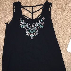 Black tank with embroidered flowers